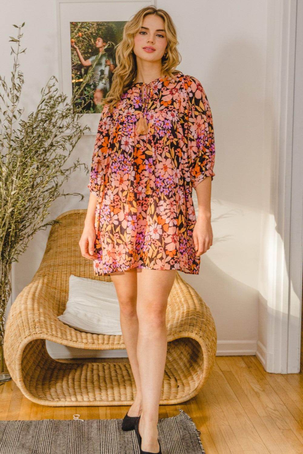ODDI Full Size Floral Tied Neck Mini Dress for Women