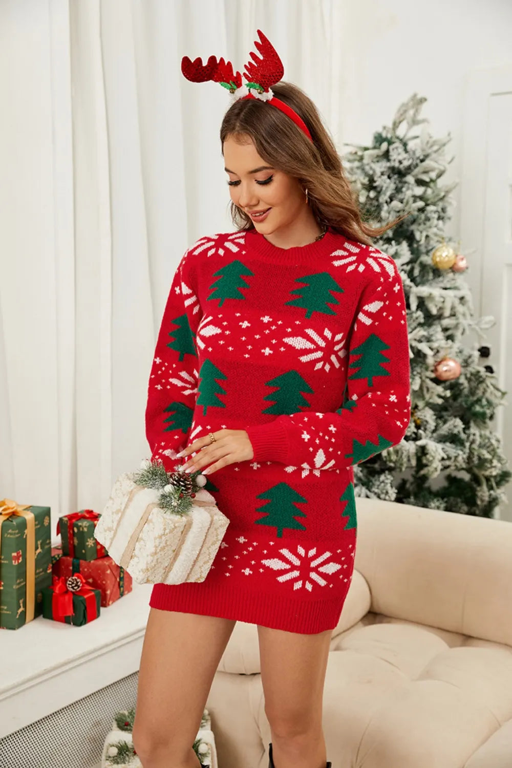 Christmas Tree Round Neck Sweater Dress