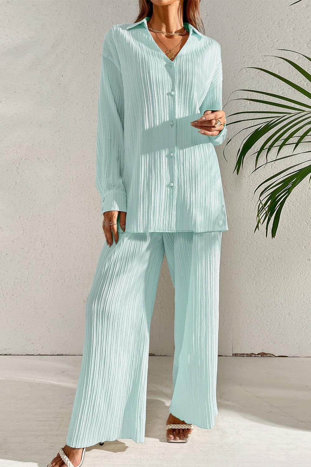 Johnny Collar Button Down Top and Pants Set for Women