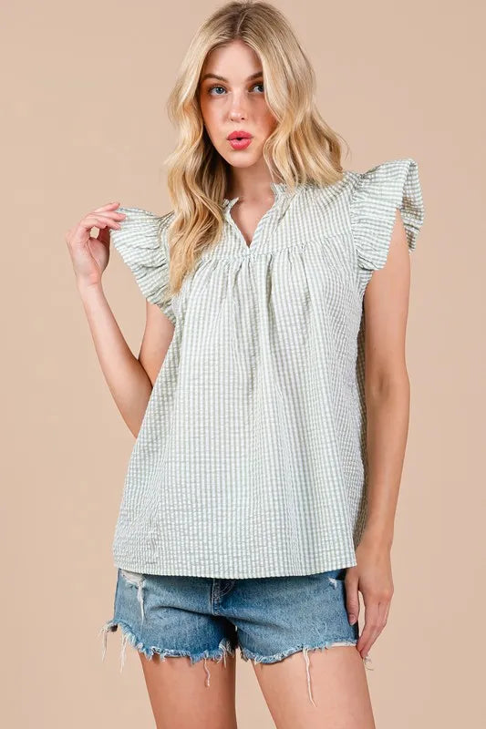 Ces Femme Plaid Notched Ruffled Cap Sleeve Blouse