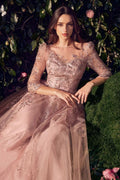 Charming Floral Lace Embellished Ceremonial Gown w/ 3/4 Sleeves & Illusion Neck CDA1352