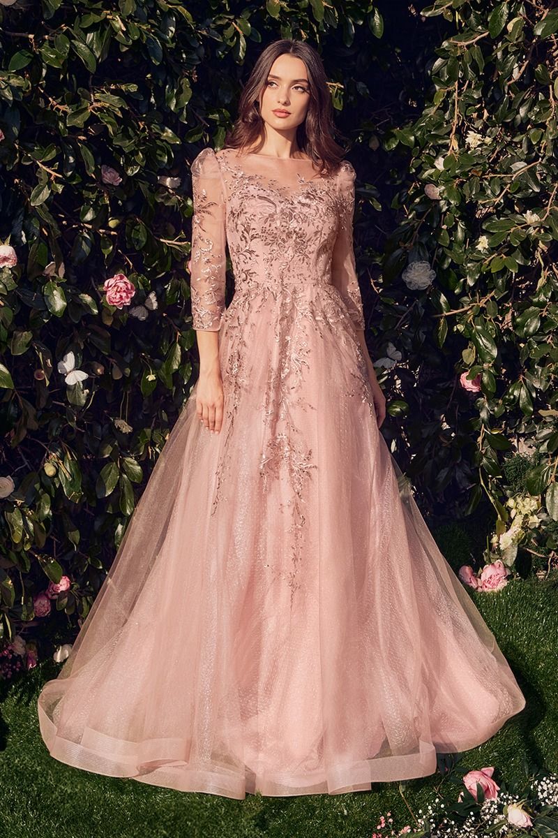 Charming Floral Lace Embellished Ceremonial Gown w/ 3/4 Sleeves & Illusion Neck CDA1352
