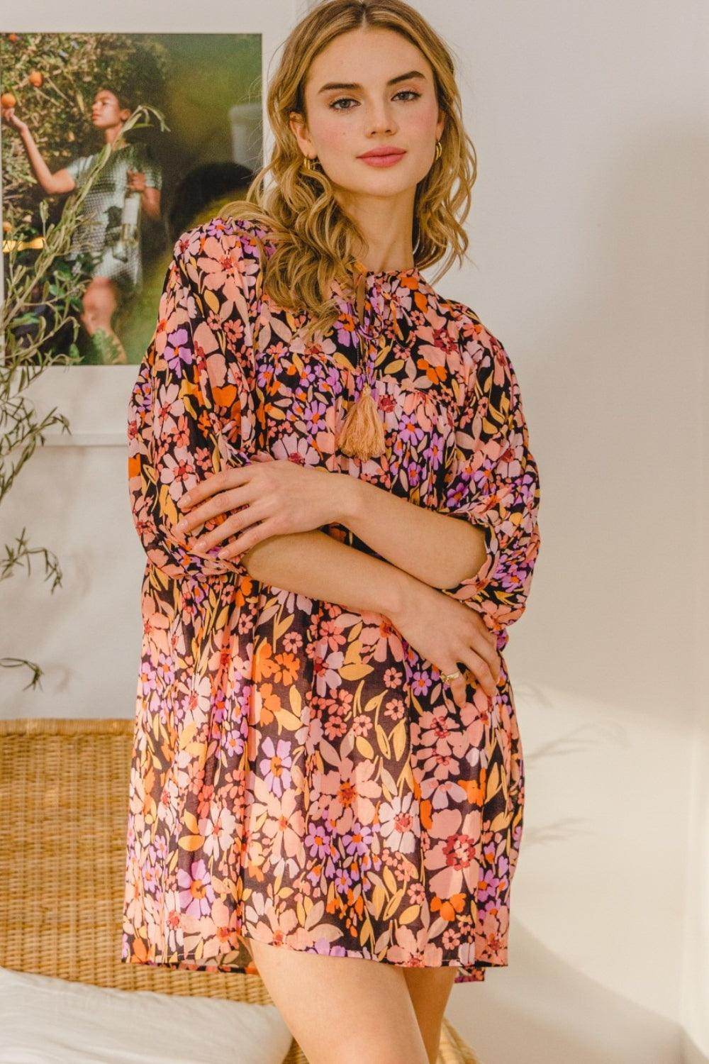 ODDI Full Size Floral Tied Neck Mini Dress for Women