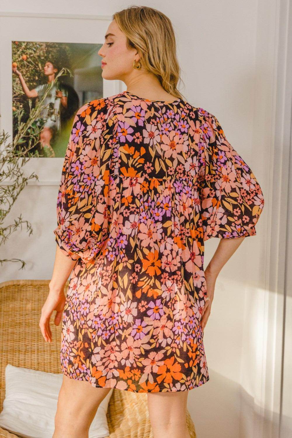 ODDI Full Size Floral Tied Neck Mini Dress for Women