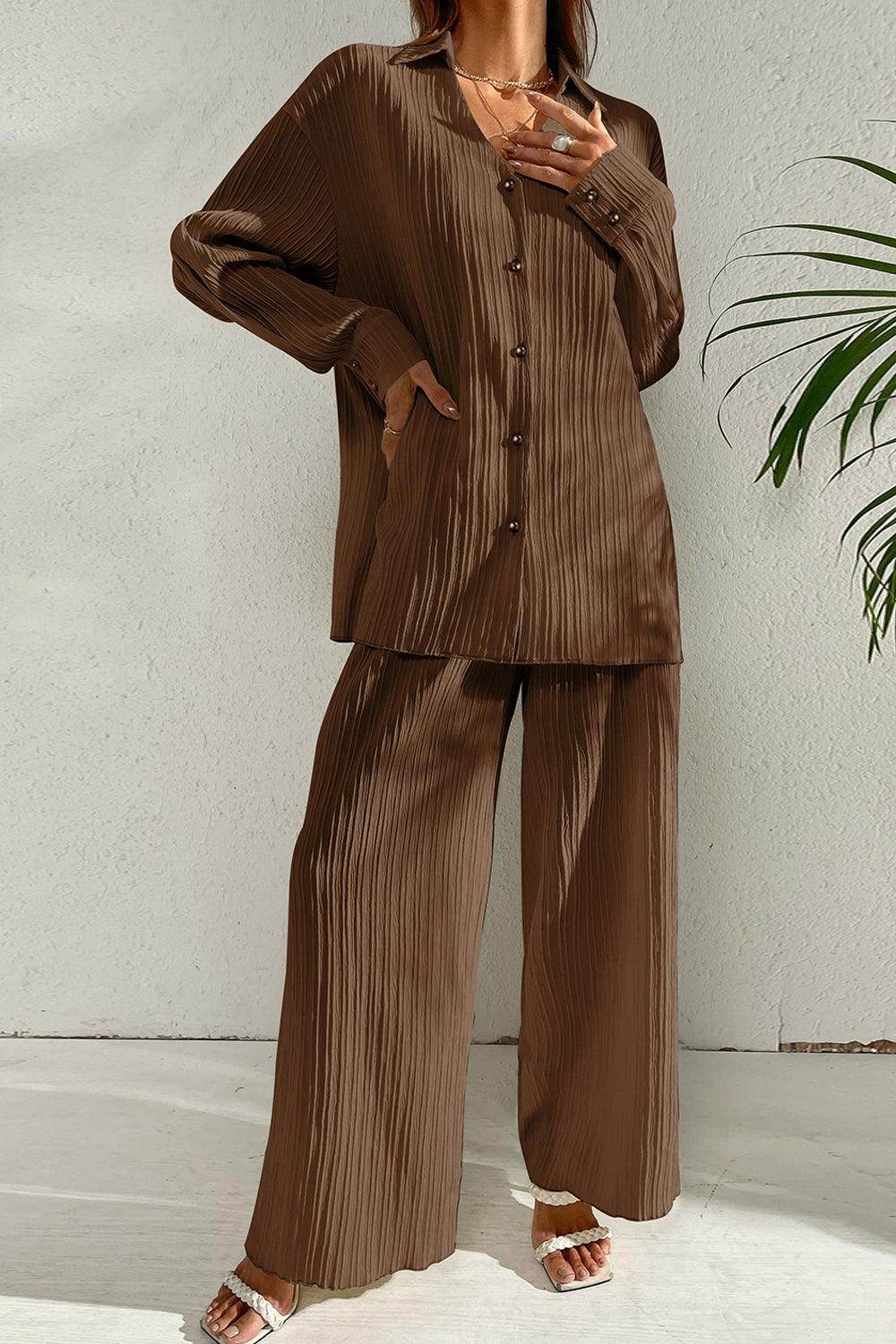Johnny Collar Button Down Top and Pants Set for Women